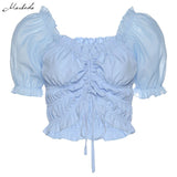 Blue Elegant Puff Sleeve T-shirt Women Casual Drawstring Crop Top Summer Streetwear Lady SlimTee mujer 2020