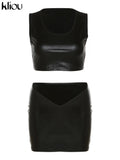 Kliou Simple Faux PU Leather Two Piece Set Women Concise Skinny Sleeveless Vest+ Sexy Unique Cut Out Skirt Streetwear