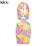 Kliou Tie Dry Two Piece Set Women 2021 Sexy Halter Sequined Beachwear Cleavage Crop Top+Mini Skirt Suit Female платье
