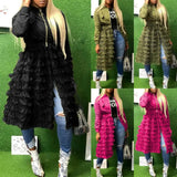 Style Patchwork Mesh Coats Zip Up Women Long Sleeve Casual Ruffled Mesh Sheer Patchwork Long Jacket