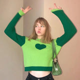 Cartoon Female Sweater Contrast Spliced Pullover Mock Neck Crop Tops Korean Fashion Streetwear Sweet Outfit