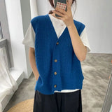 Breasted Women Sweater Vest Fashion Leisure Loose Retro V-neck All-match Elegant Warm Korean Style Daily Outwear Chic