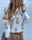 Women Metal Button Long Sleeve Shirts Ladies Casual O-Neck Solid Print Blouses Plus Size XXXL Fall European