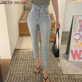 Jeans Woman High Waist Light Blue Korean Streetwear Stretchy Jeans Female Bottom Single-breasted Denim Pencil Pants
