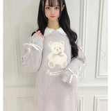 Sytle Kawaii Lolita Knitted Pullover Women Cute Cartoon Bear Embroidery Bow Bandage Sweater Female Sweet Chic Bunny Top-Outfit