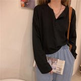 Sleeve T-shirts Women Elegant Simple Pure Button Design Retro Ins Autumn Ladies Tees Top All-match BF Style Mujer