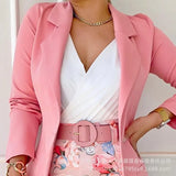 Women 2pcs Clothes Suit with Belt Long Sleeve Blazer & Floral Print Shorts Set-Outfit
