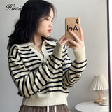 Striped Sweater Women 2022 New Korean Warm Knitted Female Tops Loose Turn Down Neck Ladies Cashmere Short