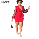 Ruffled Party Dress Women Fashion Sexy V-neck Mesh Stitching Long-sleeved Ruffled Mini Dress Women-Outfit