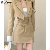 Piece Dress Sets Women Casual Elegant Y2k Crop Tops + Sashes Chic Mini Skirts 2022 Autumn Korean Fashion Blazers Dress Suits-Outfit