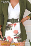 Women 2pcs Clothes Suit with Belt Long Sleeve Blazer & Floral Print Shorts Set-Outfit
