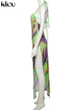 Kliou Aesthetic Print Maxi Dresses Women Fashion Sleeveless Lace up Backless Cleavage Body-Shaping Robe Partywear Female