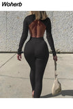 2 Pcs Set Backless Bodysuit Skinny Leggings Matching Set 2023 Summer Fall Bodycon Sexy Streetwear Bodys Para Mujer 715-1-Outfit