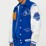 Women Bomber Jacket Blue Contrast Sleeve PU Leather Jaded Casual London Coats Letter Embroidery Autumn Baseball