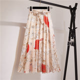 Spring Summer Women Midi Skirt Chiffon Floral Printed Skirt High Waist Casual Bohemian Beach Fashion Casual Skirts QT118-Outfit