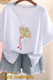 100% Cotton L-5XL Plus Size T Shirt Print Short Sleeve Women's Top Japanese Summer Sweet Couple V Neck Oversize T Shirts-Outfit