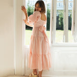 Elegant Square Collar Plaid A-Line Summer Spaghetti Midi Dress For Women 2023 Short Sleeve Ruffle Backless Boho Party Dress-Outfit