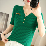 Woherb 2024 New Short Knit Women's Fashion Slim Short-Sleeve T-Shirt Thin Medium Sleeve Top-Outfit