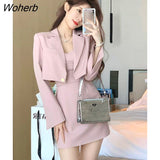 Winter Pink Two Piece Dress Set Women Short Blazer Coat+Strap Dress Set Female Casual Korean Fashion Slim Elegant Dress Set-Outfit
