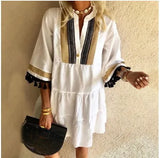 Bohemian Floral Printed Beach Dress Women Sexy Ruffle Sleeve Boho Short Dresses Vestidos Casual Loose V-Neck Summer Sundress
