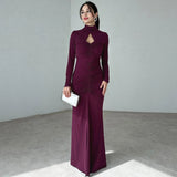 Winter Women's New Fashion Temperament High-Collar Emptiness Folding Solid Color Long-Sleeved Dress