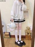 White Lolita Style Blouses Women Kawaii Rabbit Ears Peter Pan Collar Shirts Girly Victorian Cute Ruffles Long Sleeve Tops-Outfit