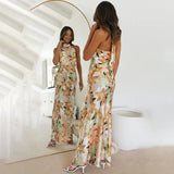 Elegant Half High Collar Floral Print New In Dresses For Women 2023 Vintage Sexy Off Shoulder Backless Lace Up Long Dress-Outfit