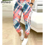 Autumn Women Plaid Colorblock Casual Pants 2022 Femme New Cargo Trousers Ladies Pocket Design Drawstring Fashion Bottoms-Outfit