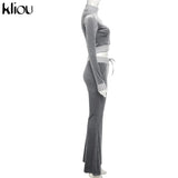 Kliou Solid Velour Two Piece Set Women Simple Casual Zipper Long Sleeve Turtleneck Top+Bandage Lace Slim Female Wide Leg