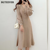 Elegant Women Single-breasted Sweater Dress 2020 Winter Warm Slim Waist Female Knitted Dress A-line Vestidos femme-Outfit