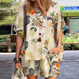 Printed Matching Sets ZANZEA 2022 Summer Women Casual Floral Half Sleeve Top Short Sets Elastic Waist Pant Vintage