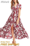 V-Neck Loose Long Print Summer Dress Women Elegant Casual Beach Dress Women Vacation Bohemian Short Sleeve Dresses 19138-Outfit