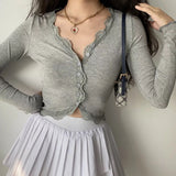 Korean Style V-neck Lace Cropped Cardigan Women Sexy Slim Knitted Sweater Harajuku Solid Long Sleeve Crop Tops