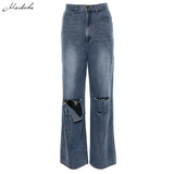 New High Waist Women's Fashion Loose Destroyed Hole Denim Mopping Pants Casual Vintage Wide Leg Jeans
