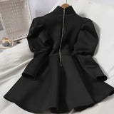 2020 New Women Dress Korean Stand Collar Puff Long Sleeve Feamle Dresses Vintage Office Lady Zipper A-Line