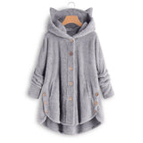 Plush Hoodies Sweatshirt Harajuku Irregular Hem Fluffy Woman Fleece Coat Kawaii Cat Ear Buttons Solid Female Teddy