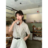 Elegant Women Blouses Women's Summer Tops 2023Striped Cuban Neck Short Sleeved Shirt for Women's Summer French Casual Shirt-Outfit