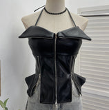 Shoot Hottie Hanging Neck Zipper Open Fork Sling Vest Pu Skin Bra Repair Short Sleeveless Top