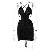 Solid Satin Sleeveless Backless Halter Slim Hollow Out Pleated Bodycon Sexy Mini Dress 2021 Fall Women Elegant