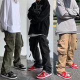 Side Pockets Streetwear Flare Pants Mens Drawstring Straight Washed Baggy Cargo Pants Hip Hop Loose Casual
