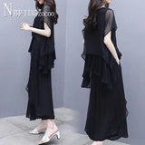 Summer Plus Size Chiffon Women Sets Blouse And Wide Leg Pants Female