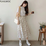 2021 Chic Korea Clothes Summer Women Cute Sweet GIrls Floral Printed Robe Holiday Date Hight Waist Long