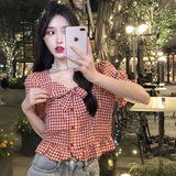 Plaid Summer Shirts Women Crop Tops Mujer Harajuku Sweet Cute Korean Style Retro Temperament Girlish Clothes Y2k Students-Outfit