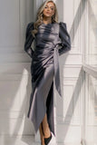 Long Sleeve Round Neck Puff Sleeve Tied Slim Midi