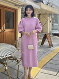 Woherb Chic Summer Sweet Age Reduction Round Collar Side Open Fork Loose Casual Long Bubble Sleeve Hoodie Dress Female-Outfit