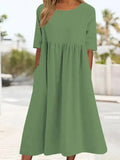 Cotton-Sleeved Short-Sleeved Pocket Folded Loose Round-Neck Dress In Summer