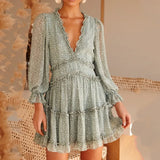 hirigin Summer Elegant Ruffles Print Mini Dress Women Sexy Halter V-neck long-sleeved waist Puff sleeve Dresses women