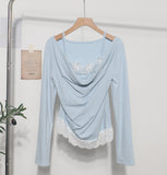 Spring Fake Two Lace Lace Collar Folded Long Sleeves Slimming Bottom T-Shirt Blouse Woman