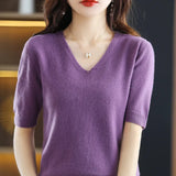 Woherb 2024 New Short-Sleeved Sweater Women's T-Shirt Solid Color V-Neck Short-Sleeved Bottom Shirt Top Thin Style A Hair-Outfit