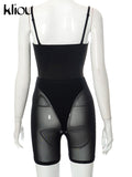 Kliou Mesh Midnight Two Piece Set Women Solid Hot Strapless Body-Shaping Bodysuits+High Waist See Through Short Short